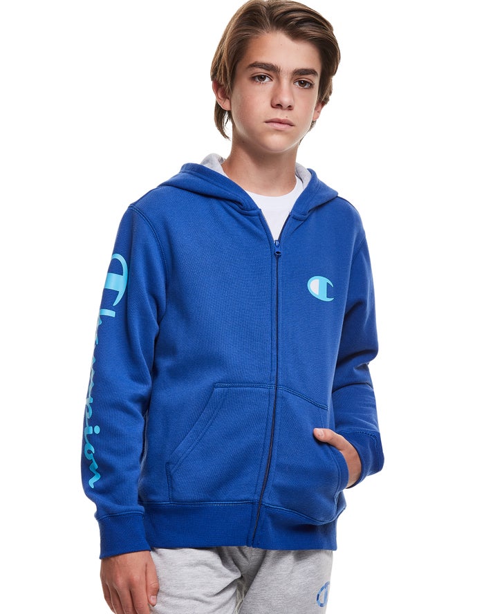 Champion Drenge Hættetrøje Blå - Fleece Zip C Script - Danmark WAC-950234